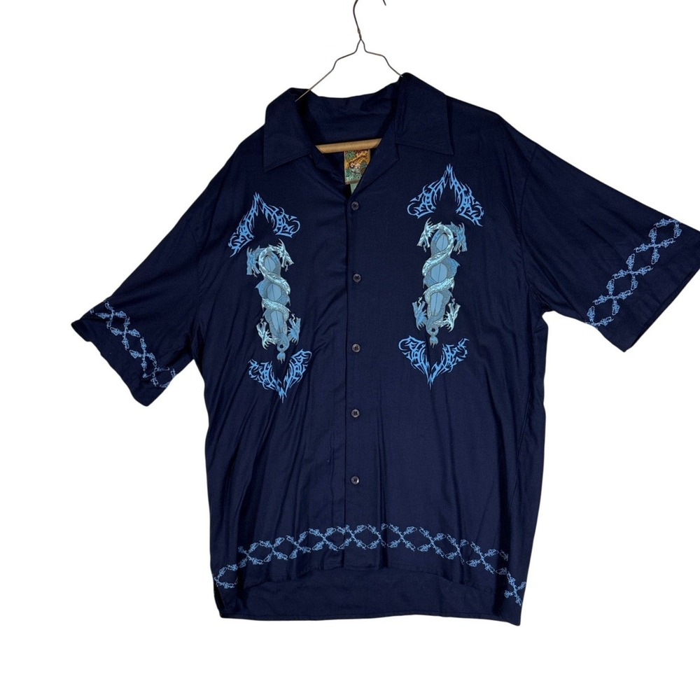 Pineapple Connection Mens Medium Navy Blue Dragon Tribal Rayon Button Up Shirt
